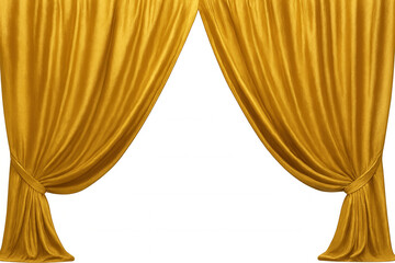 Elegant golden curtains tied with bows are opening on a transparent background, creating a sense of anticipation and drama