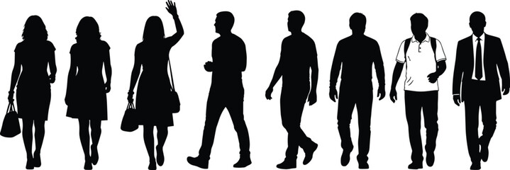 Silhouettes of diverse individuals walking and standing in varied postures with accessories for vector illustration, fashion and lifestyle themes