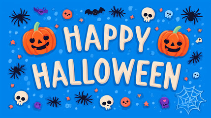 Cute Halloween banner with smiling pumpkins, cartoon skulls, flying bats, spiders and spiderweb on bright blue background, playful festive design with Happy Halloween text. hallowe