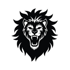 Aggressive Roaring Lion Head Vector Illustration: Black and White Stylized Mascot Design