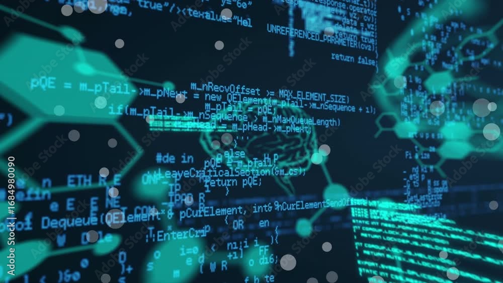 Aufkleber animation of green hexagons and brain over data processing on black background