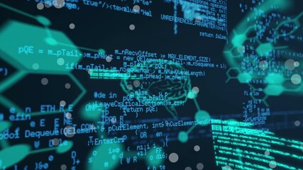 Animation of green hexagons and brain over data processing on black background - Powered by Adobe