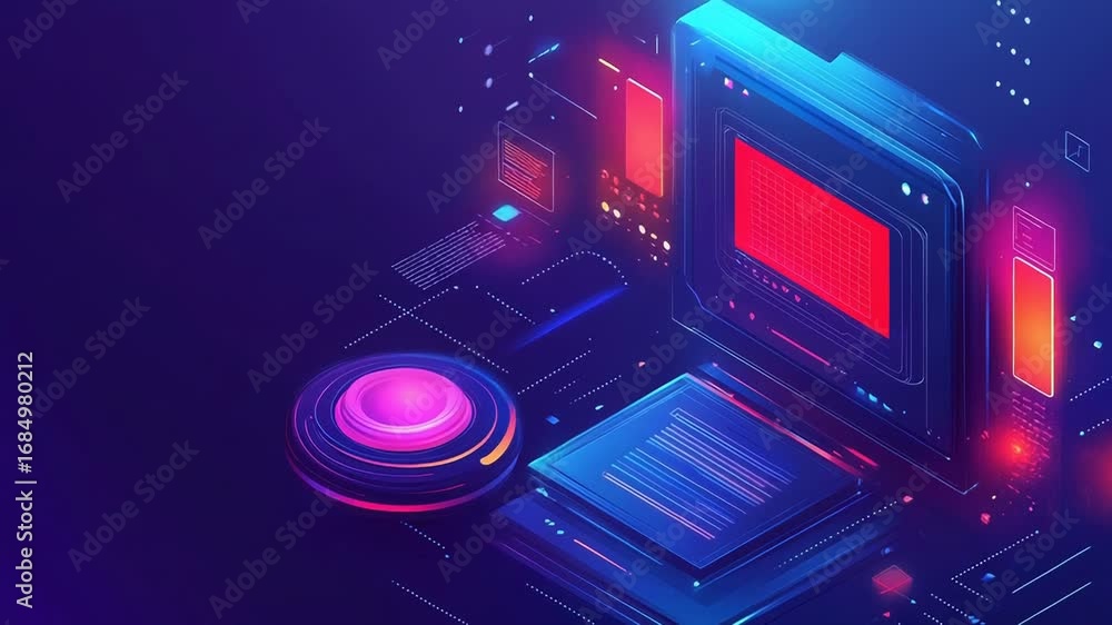 Aufkleber futuristic neon user interface with glowing screens and buttons displaying data and information