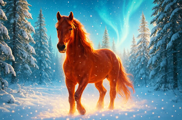 Beautiful red horse with flowing mane in a snowy forest, greeting card with the symbol of 2026