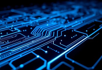 Futuristic digital network concept showing glowing blue light trails on a complex computer circuit board, representing data processing and technology