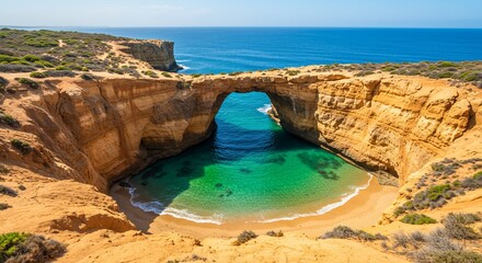 Secluded cove with natural rock arch formation turquoise water and sandy beach