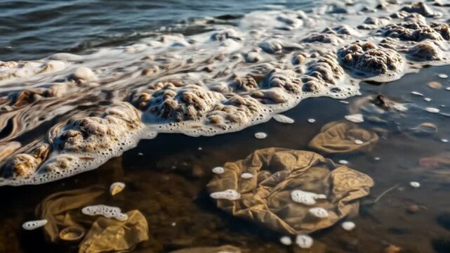 Polluted seashore with foam and trash