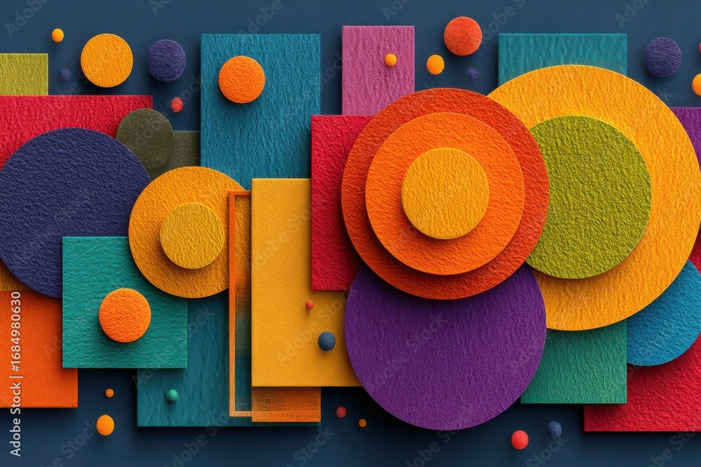 Poster abstract colorful geometric composition of circles and rectangles on a textured surface