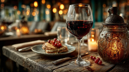 Glass of red wine elegantly placed on a dark wooden table, reflecting warm ambient light.
