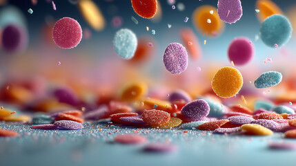 Colorful confetti falling dynamically against a solid blue background, conveying a sense of joyful celebration.