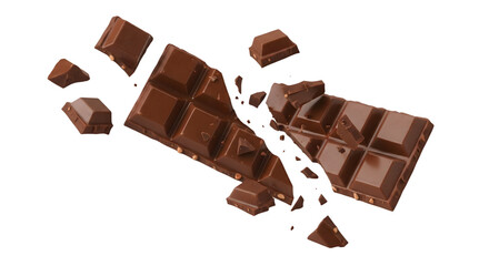 Cracked and Broken Milk Chocolate Bar with Pieces Flying Apart, Isolated on a White Background

