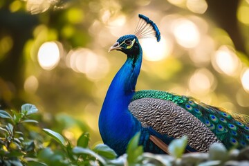 Close-up portrait of a vibrant blue peacock with ornate head crest against blurred nature background