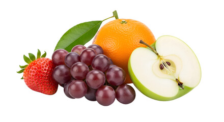 Assorted Fresh Fruits Including Grapes, a Strawberry, an Orange, and a Sliced Apple, Isolated on a White Background


