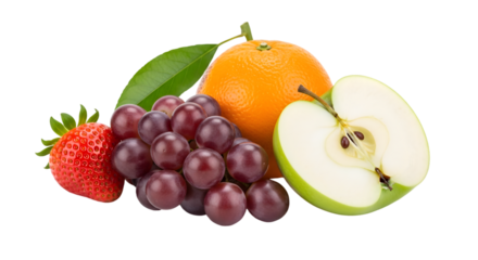 Assorted Fresh Fruits Including Grapes, a Strawberry, an Orange, and a Sliced Apple, Isolated on a White Background

