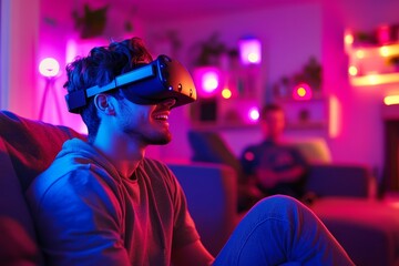 Young man wearing VR headset in colorful neon-lit room, experiencing immersive technology