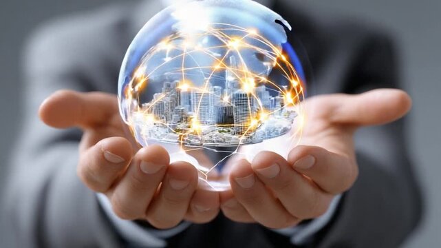 Global Vision: A person tenderly cradles a luminous globe, symbolizing the interconnectedness of our world and the embrace of global opportunities. Illustrating global networking and worldwide access.