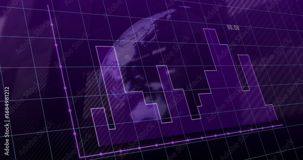 Poster displaying purple bar columns stretching across interface, with 3d earth globe, grid lines and axes