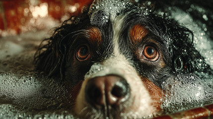 A playful dog enjoying a bubbly bath, captured in a warm and joyful moment.