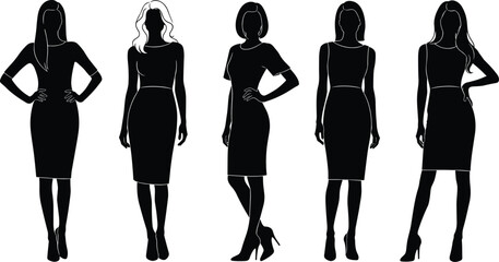 Silhouettes of women in stylish dresses and heels standing in varied poses for fashion reference, posture study and vector design use