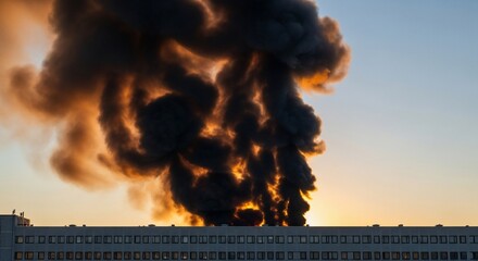 Dark smoke billowing from building at sunset