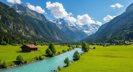 Serene mountain valley river landscape pastoral house green meadow scenery