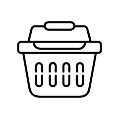 Simple black outline icon of a laundry basket with a lid and holes, representing clothes storage, washing, and household organization.
