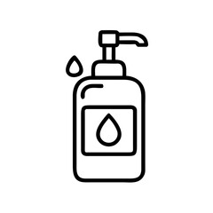 Simple black outline icon of a pump bottle for liquid soap, showing a droplet symbol, representing hygiene and handwashing.

