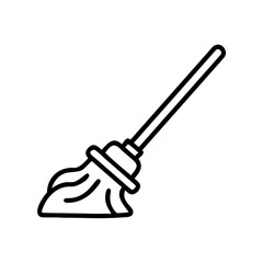 Black line icon of a mop with a handle, representing floor cleaning tools used for sanitation, household tasks, or janitorial duties.
