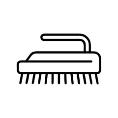 Black line icon of a bristle brush with a handle, used for scrubbing surfaces in hygiene, cleaning, or sanitation tasks.
