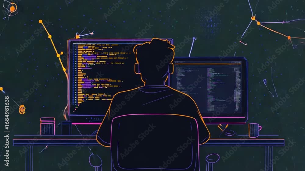 Poster programmer working on code at night in futuristic office