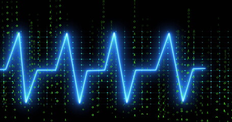 Neon-blue ECG waveform sweeping in interface with glowing green binary digits and faint blue grid
