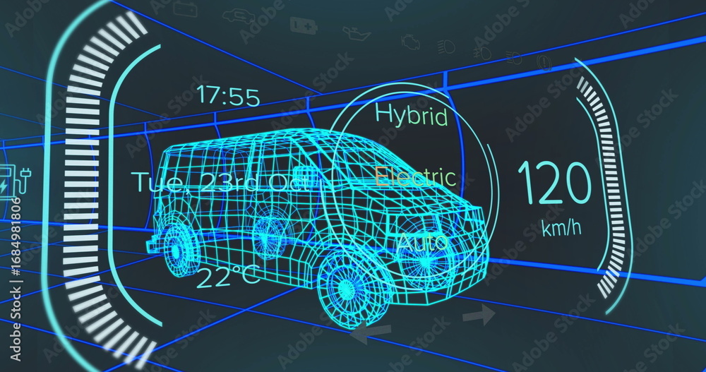 Poster displaying neon blue wireframe van rotating in design interface, with gauge arcs and speed readout