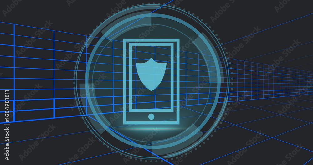 Poster displaying smartphone outline showing shield emblem in 3d grid space, with rotating hud rings