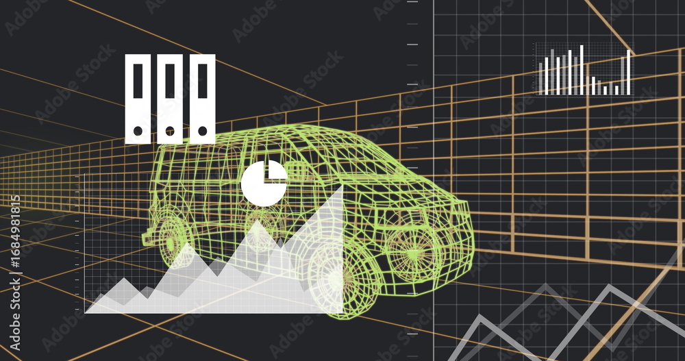 Poster displaying green wireframe van model rotating in 3d workspace with pie bar charts and binder icons