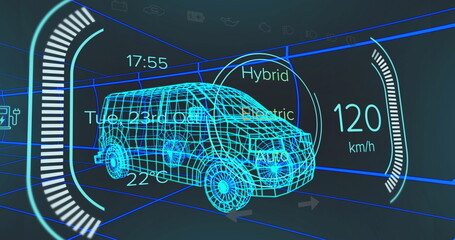 Displaying neon blue wireframe van rotating in design interface, with gauge arcs and speed readout