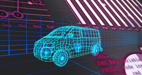 Floating blue wireframe van hovering above grid plane with month labels, barcode stripes and charts