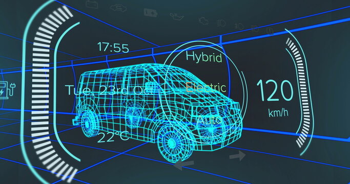 Displaying neon blue wireframe van rotating in design interface, with gauge arcs and speed readout