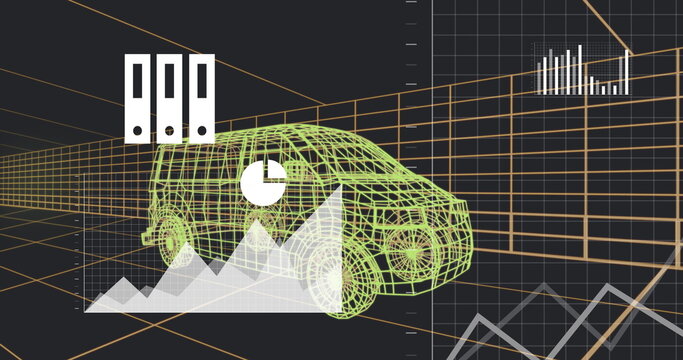 Displaying green wireframe van model rotating in 3D workspace with pie bar charts and binder icons