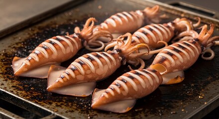 Grilled squid seafood dish culinary food closeup photography