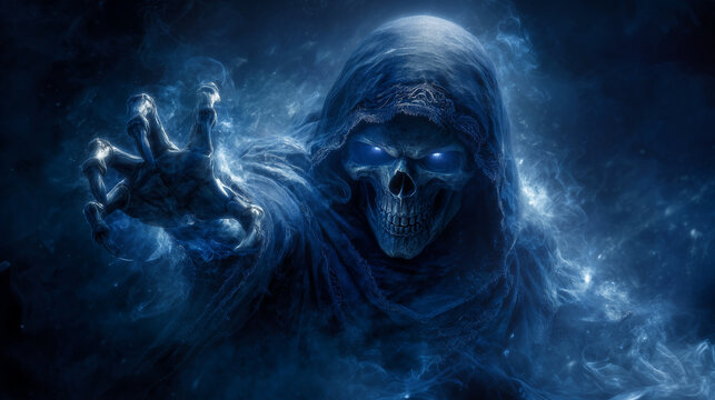 Terrifying grim reaper with glowing eyes under dark hood, skeletal hand reaching towards viewer, surrounded by mist. grim reaper halloween, scary skeleton reaper, skull hood, spook