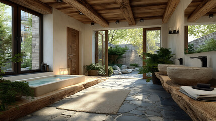 Fototapeta premium Modern Minimalist Bathroom Blending with Nature, Serene Natural Style Washroom Design