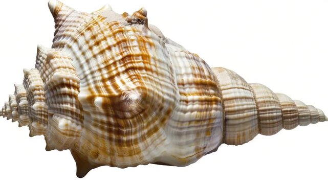 A close-up view of a unique sea shell on a white background, ideal for use in designs related to nature and travel