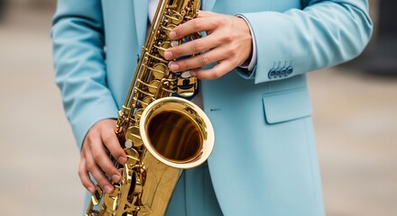 Person playing alto saxophone close up image of musical instrument and hands in blue suit