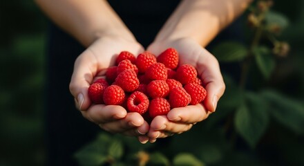 Red raspberries in hands fresh fruit healthy eating food photography