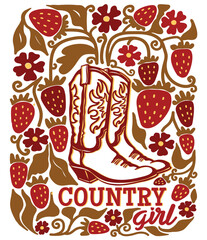 Cowgirl boots with floral decor poster background. Vector country illustration with cowboy boots and red strawberry for decor and design