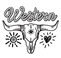 Western cowboy symbol with longhorn skull and rope text wild west. Vector cowboy printable illustration for design