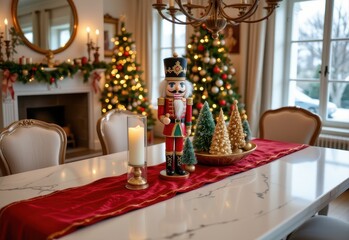 nutcracker soldier centerpiece on a marble dining table with velvet table runner and sparkling fairy lights in a cozy christmas living room