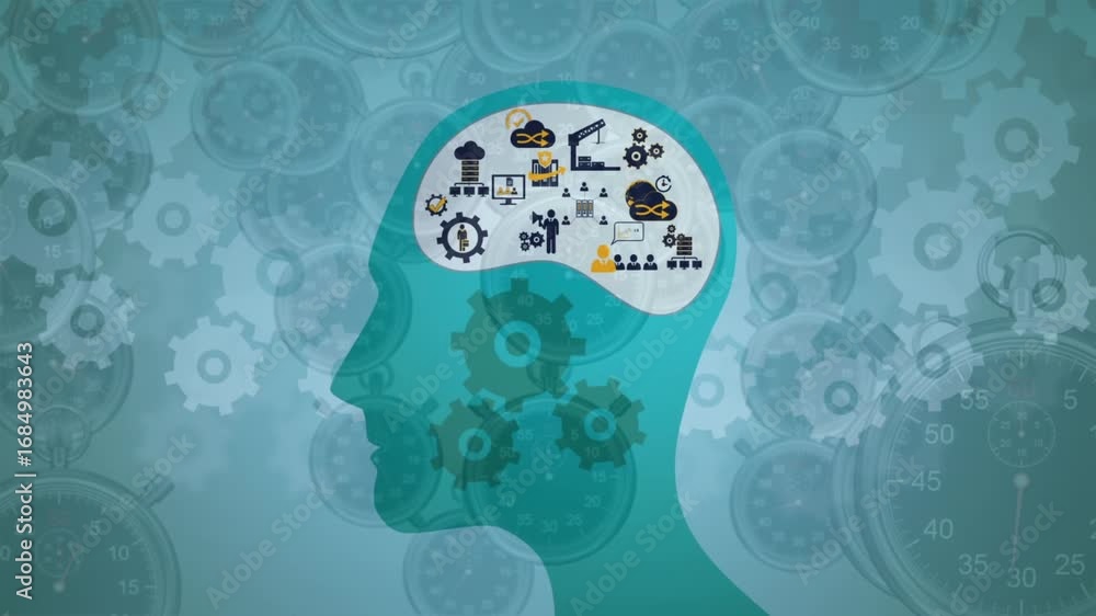 Poster animation of human head models with gears on green background with falling clocks