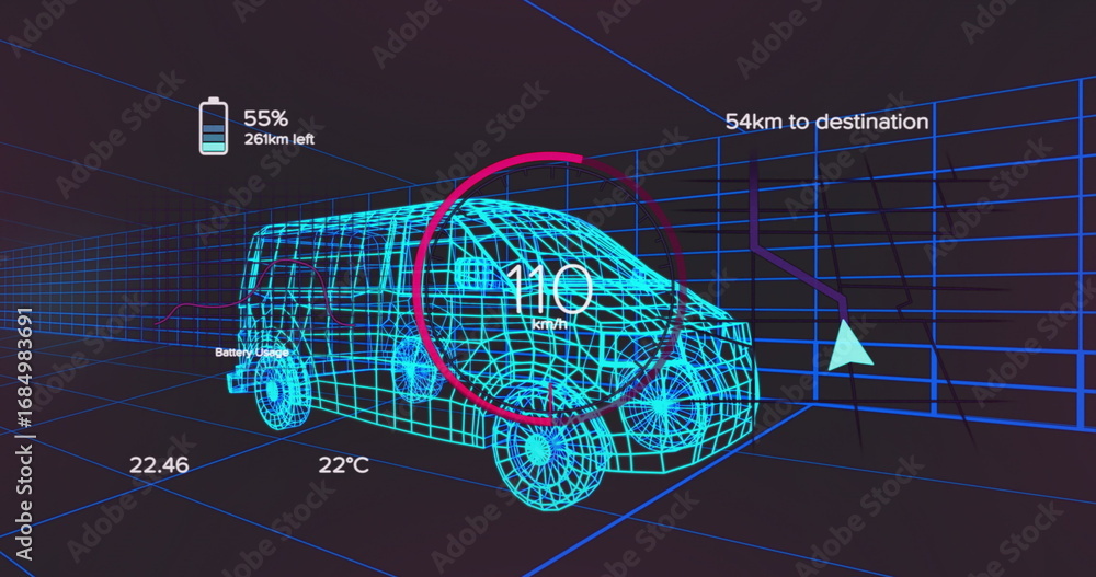 Poster rendering wireframe van showing speed gauge, battery, temperature icons, navigation arrow on grid