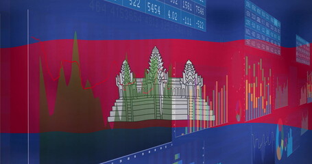 Displaying Angkor Wat on Cambodian flag in dashboard, with line graphs, bar charts and pie segments